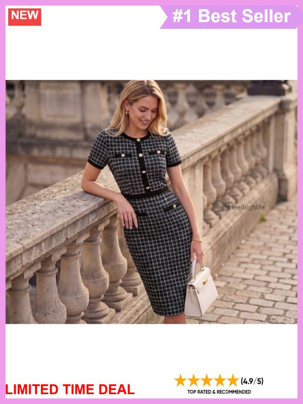 Women Work Business Short Sleeve Bodycon Tweed Dress - Picture 5 of 5